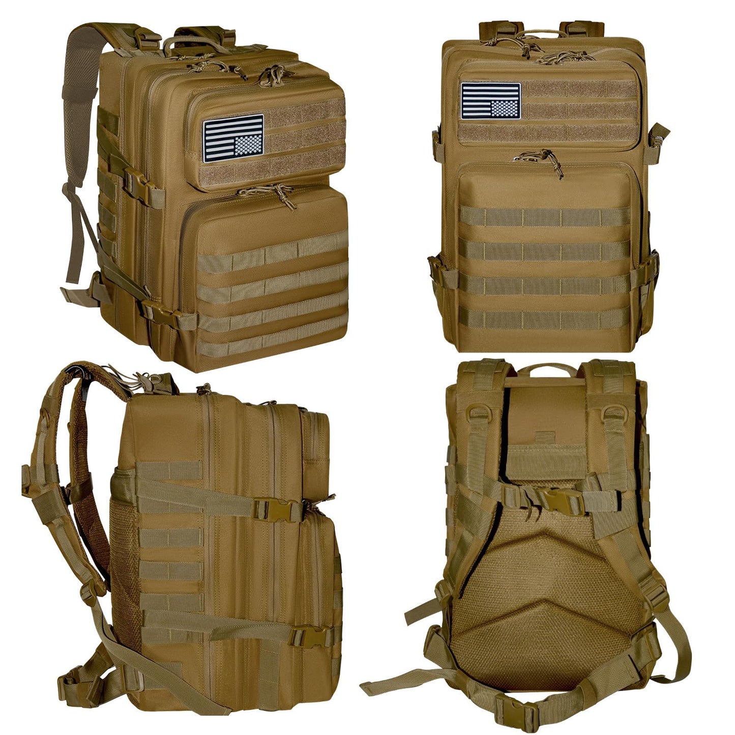 Fortune Edge Military Tactical Backpack for Men and Women Molle 45L Large Army 3 Days Assault Pack Bug Out Bag Water Resistant and Heavy Duty Hiking Camping Treeking Rucksack -Tan