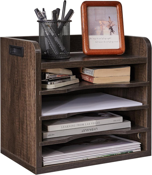 YMYNY Desktop File Organizer with Handle, Document Letter Mail Tray Sorter with 3 Adjustable Shelves, 5 Tiers Paper Holder for School Home Office Desk, Rustic Brown,13.4 * 12.4 * 9.06" UHBC006H