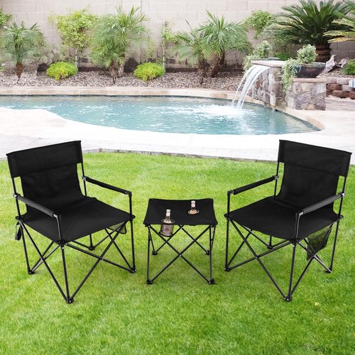 Tangkula 3 Piece Camping Chairs with Table, Portable Folding Lawn Chair with Side Table, Carrying Bag, Side Storage Pocket, 2 Cup Holders, Outdoor Beach Chair Set for Backpacking Travel Camp