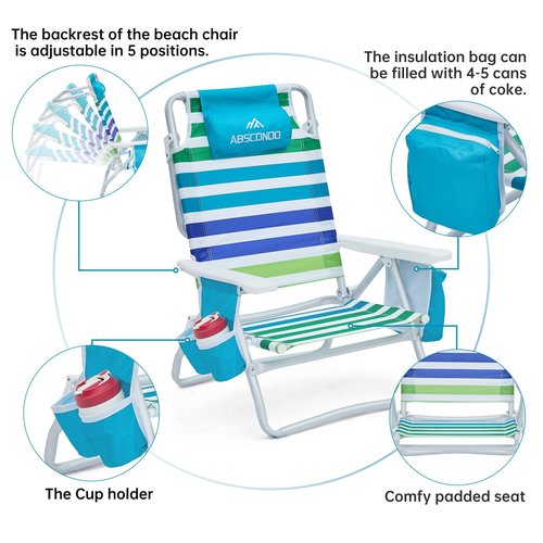 Beach Chair, Beach Chairs for Adults 2 Pack, Outdoor Folding Beach Chairs for Adults, Supports up to 350lbs with 5 Positions, Towel bar, Cooler Pouch, Storage Pouch.