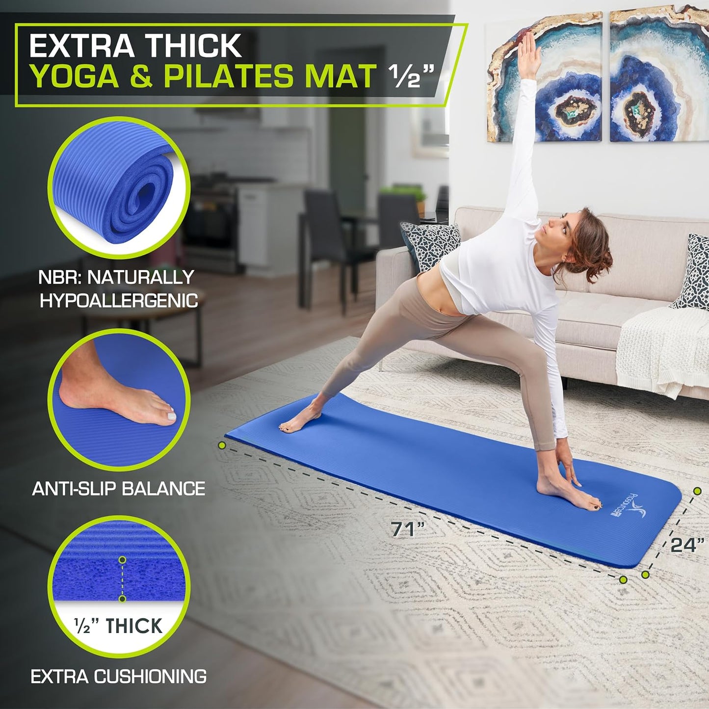 Extra Thick ½” Yoga & Pilates Mat - 71” High Density Foam with Carrying Strap