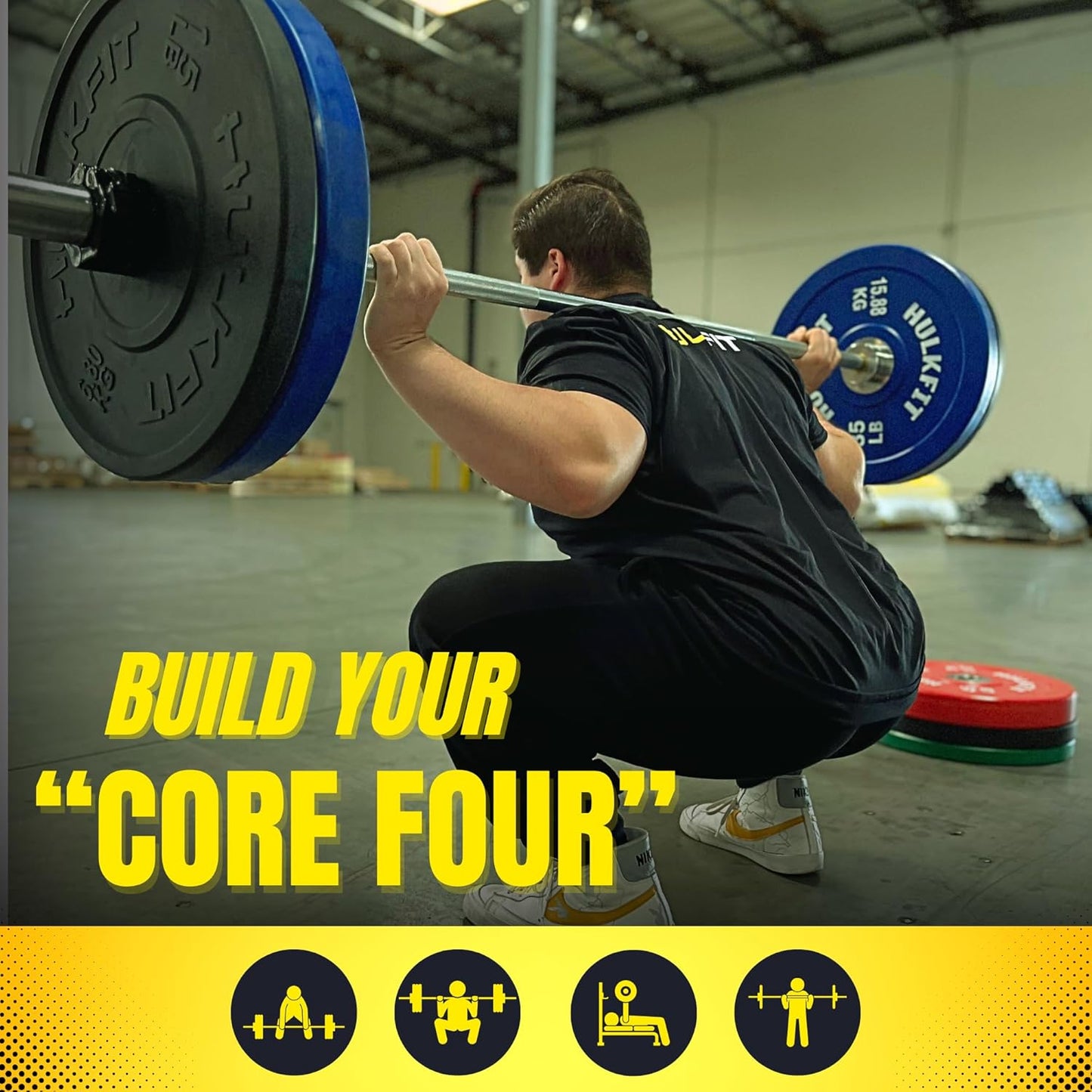 HulkFit 2-inch Sport Series Olympic Weight Plates Bumper Plates for Barbell Weightlifting Strength Training with Shock Absorbing Low Bounce Technology - Black & Multicolor