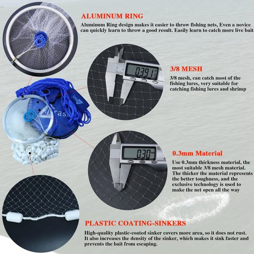 Drasry Fishing Cast Net with Aluminum Ring 3/8 or 1/2 Mesh for Saltwater Freshwater Bait Shrimp Trap Fish Throw Net Size 4FT/5FT/6FT/7FT Radius (Gray Sinkers 3/8 Mesh, 6FT / 180cm Radius
