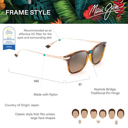 Maui Jim ManaOlana Square Sunglasses, Shiny Dark Havana W/Gold/Hcl Bronze Polarized, Large
