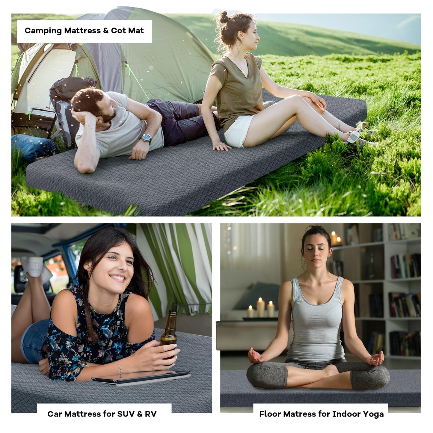 HOMBYS Memory Foam Camping Mattress Pad,Portable Sleeping Pad for Adult,Waterproof Cot Mattress,Roll Up Floor Mattress,Foldable Backpacking Travel Bed for Hiking,Guest Bed (Grey, COT: 72"x24"x3")