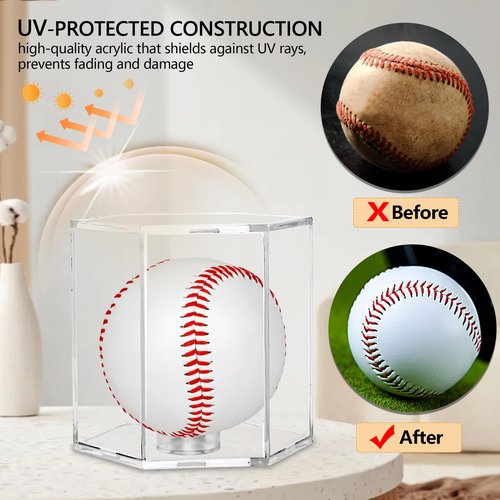 ELEGANTLIFE Baseball Display Case UV Protected Acrylic Clear Hexagon Baseball Holder for Tennis Balls,Coins,Memorabilia,with 1 Ball and 2-Coin Racks for Official Size Ball (Hexagon 1 Pack)