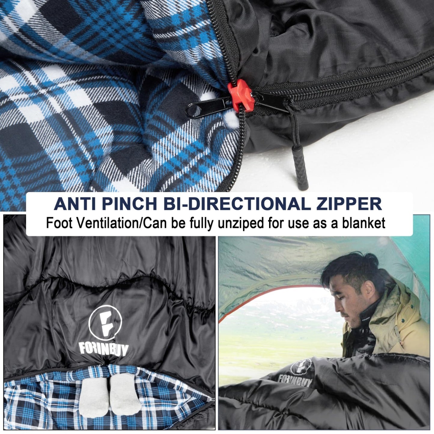 FORINBUY 0 Degree Flannel Double Sleeping Bag for Adults, Couples or Family - Winter Queen Size Waterproof & Warm 2-Person Sleeping Bag for Cold Weather Camping, RV Travel