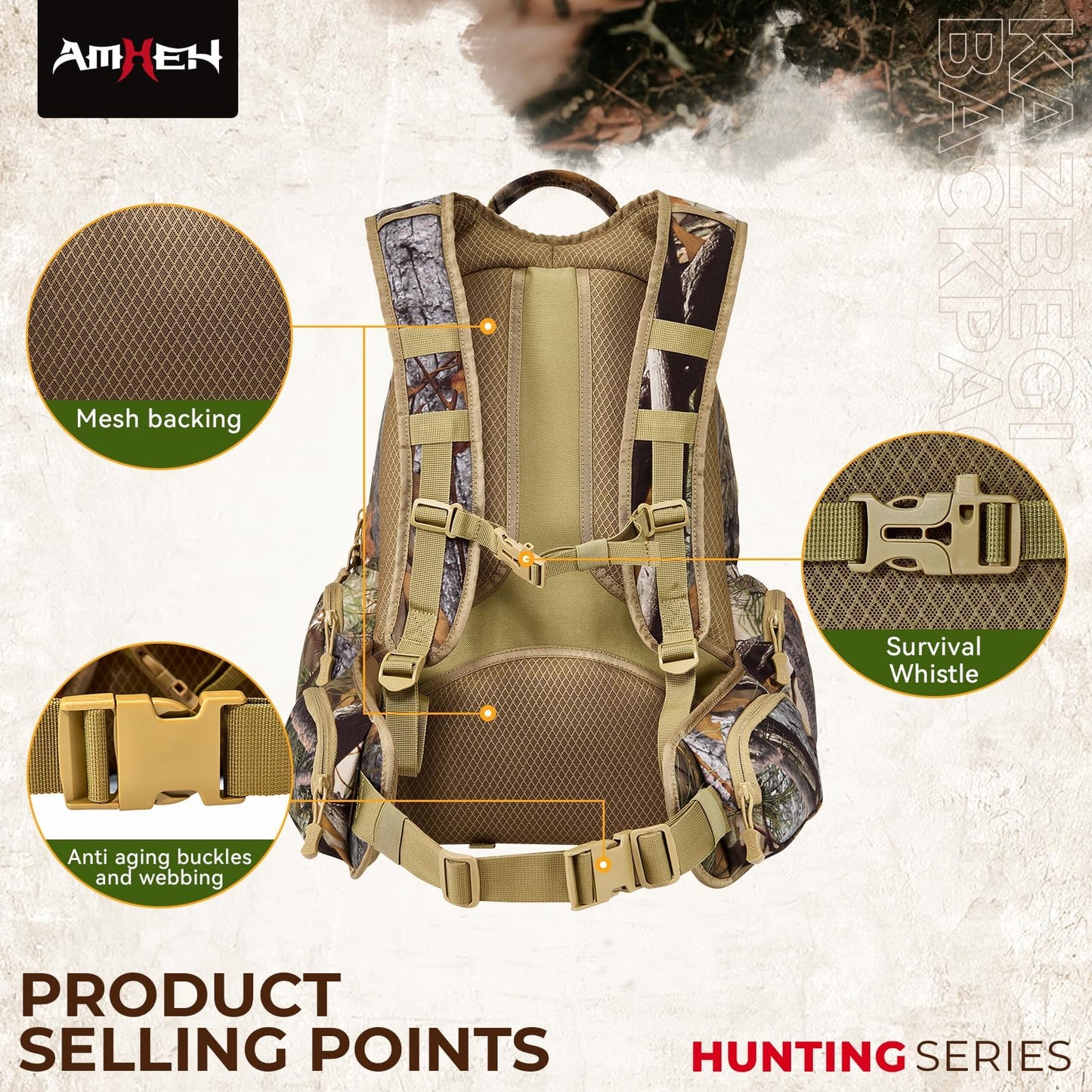 AMHEH Hunting Backpack for Men Outdoor Waterproof 31L Durable Hunting Day Pack for Bow Rifle Forest Camo