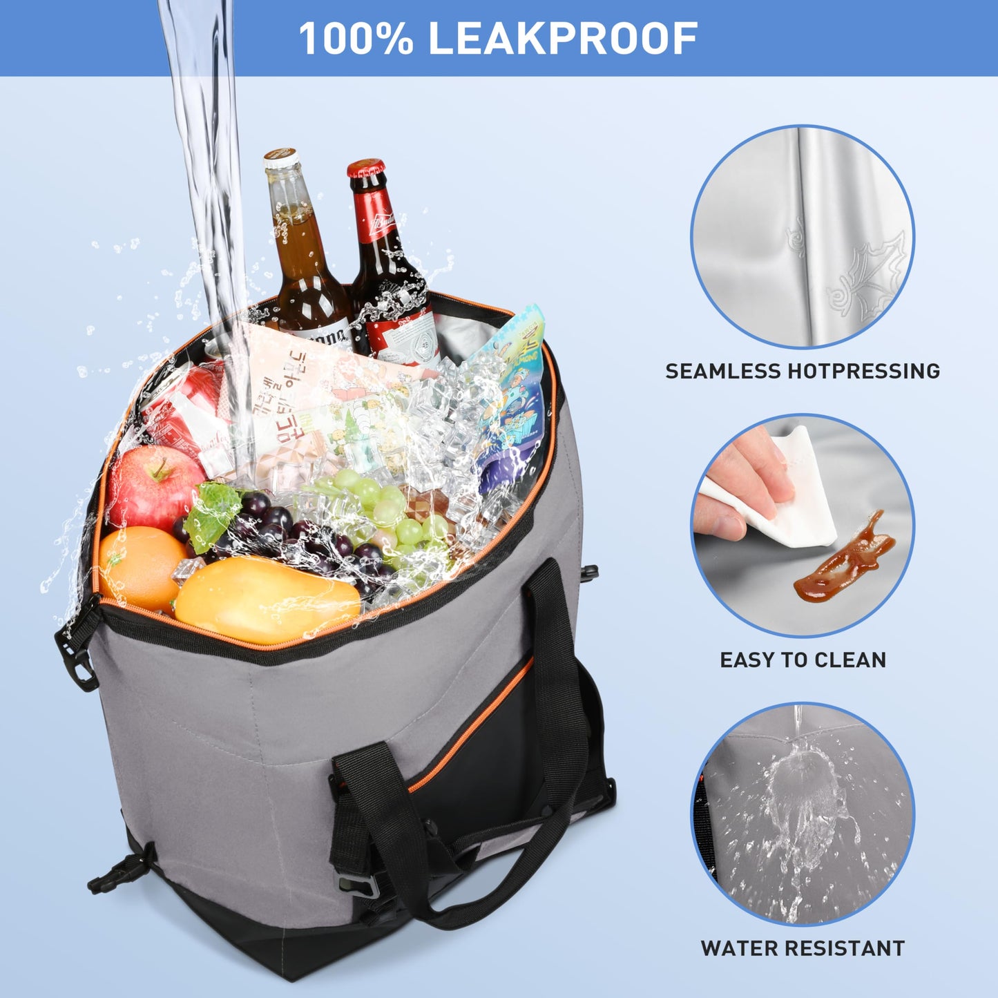 30 Cans Insulated Cooler Bag, Collapsible Leakproof Outdoor Camping Cooler with Zippered, Reusable Portable Grocery Cooler Bags for Travel, Picnic, Camping, Kayaking