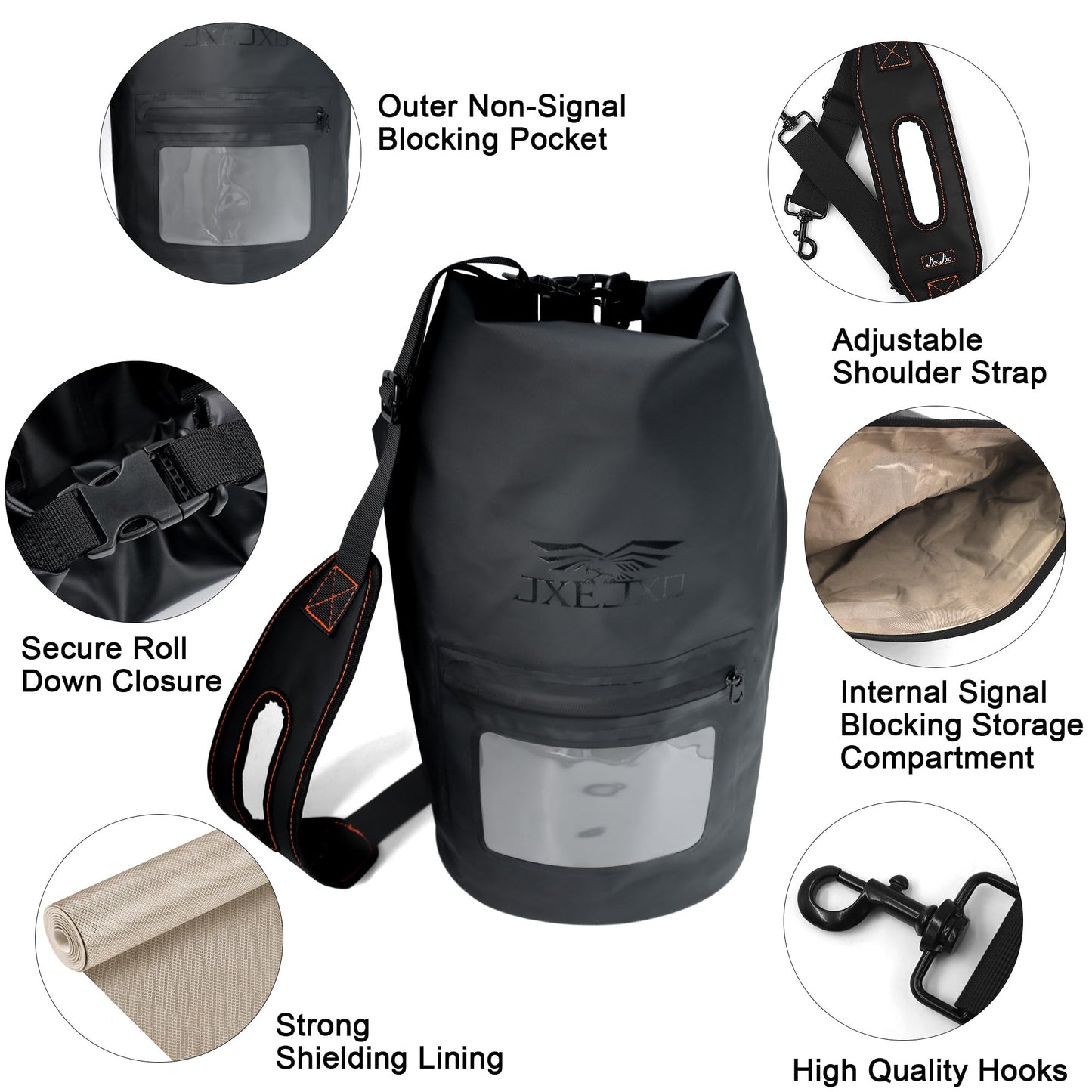 JXE JXO 15L Waterproof Faraday Dry Bag for Electronic Device Security | Military-Grade EMP & RFID Signal Blocking, Anti-Tracking & Hacking Protection, Data Privacy Shield for Mobile Devices （Matte）