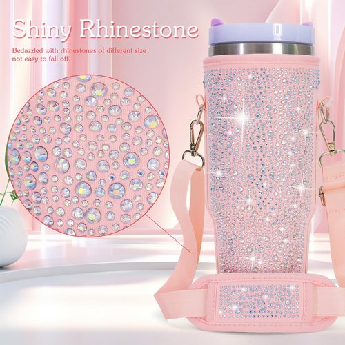 Bling Water Bottle Carrier Bag for Stanley 40oz Tumbler, Bling Rhinestone Water Cup Holder with Adjustable Strap for 40oz Stanley Cup Accessories Gifts (Pink Bling)