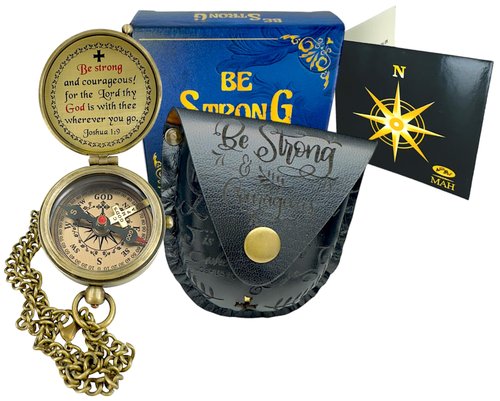 Be Strong and Courageous Compass – Easter 2025 Christian Gift for Men, Women, Boys, or Girls, Brass Religious Graduation or Baptism Keepsake, Inspirational Adventure Present