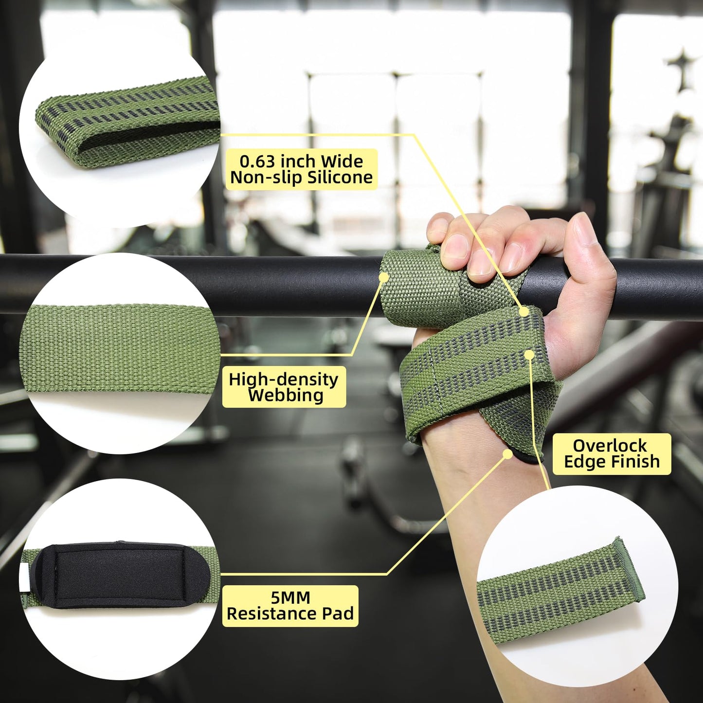Lifting Straps and Weightlifting Wrist Wraps Set, Cotton Hard Pull Wrist Lifting Straps Grips Band with Anti-Skid Silicone, Professional Quality Wrist Support with Heavy Duty Thumb Loop (Green)