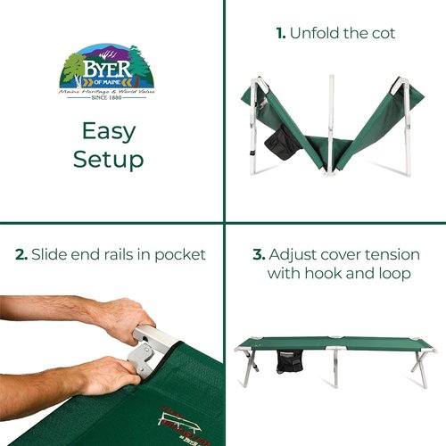 BYER OF MAINE Military Cot, Folding cot, Reinforced Aluminum/Steel Frame, Extra Large Size, Holds 375lbs