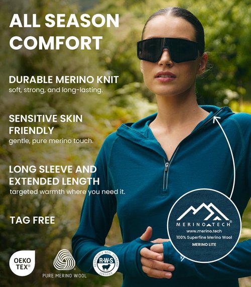 Merino.tech Merino Wool Hoodie Women - Slim Fit 100% Merino Wool Base Layer Women Half Zip Thermal Long Sleeve Shirt (Medium, 190 Deep Teal)