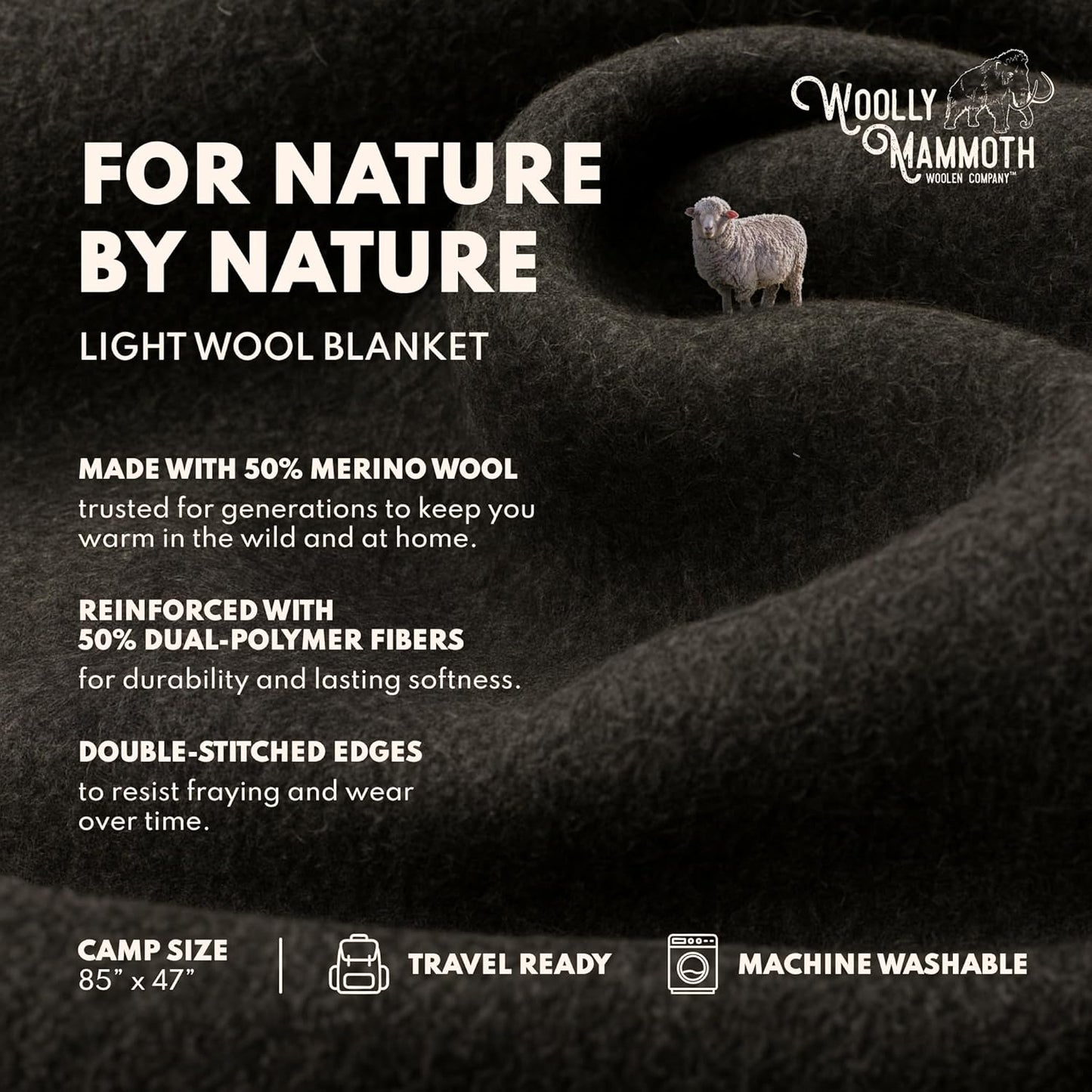 Woolly Mammoth Woolen Co. | Extra Large Merino Wool Camp Blanket | Perfect Outdoor Gear | Bedroll for Bushcraft, Camping, Trekking, Hiking, Survival, or Throw Blanket at the Cabin (Gray), 66" x 90"