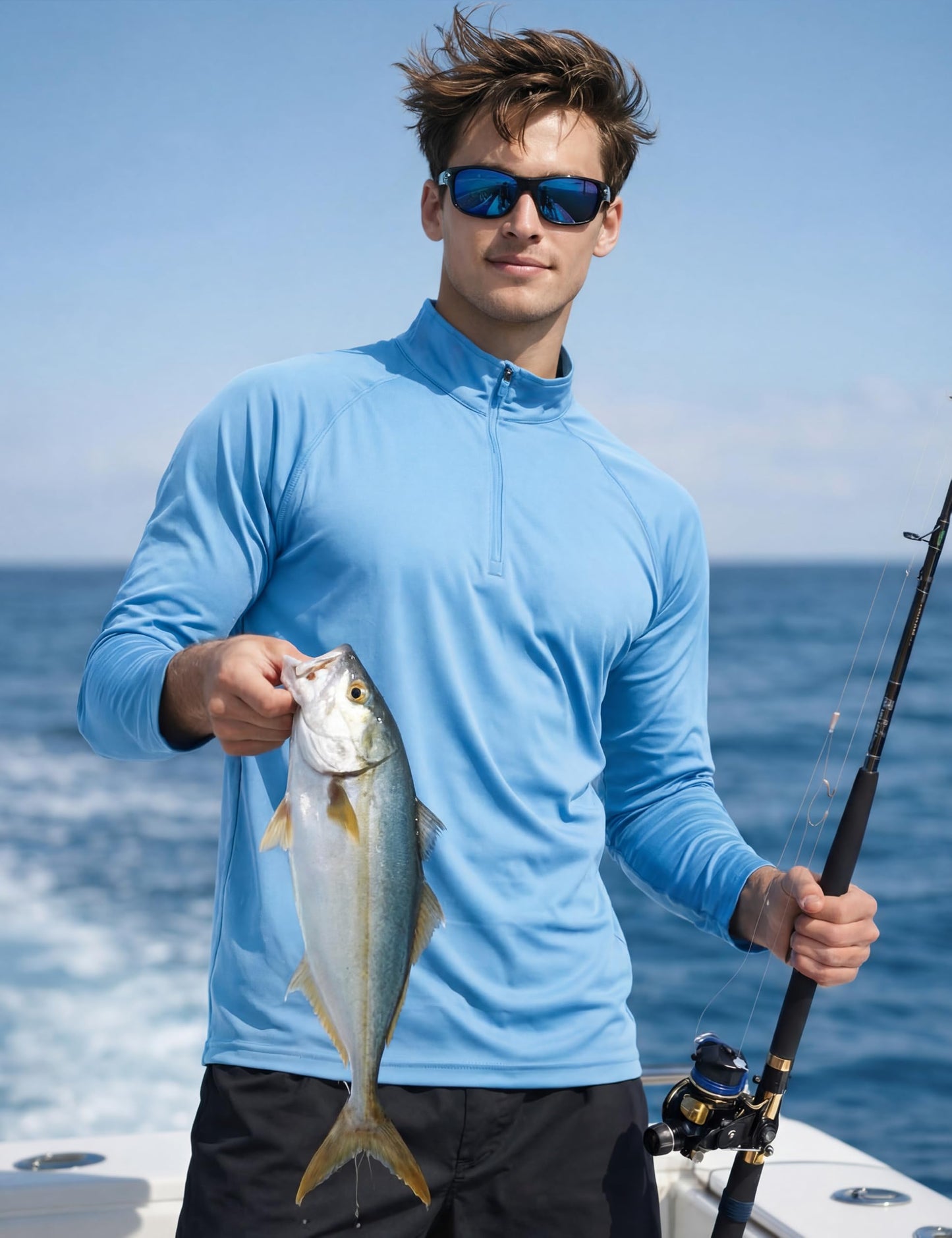 KEFITEVD Mens Sun Shirts UV Protection Long Sleeve Summer Quarter Zip T-Shirts Brethable Boating Water Shirt Blue L