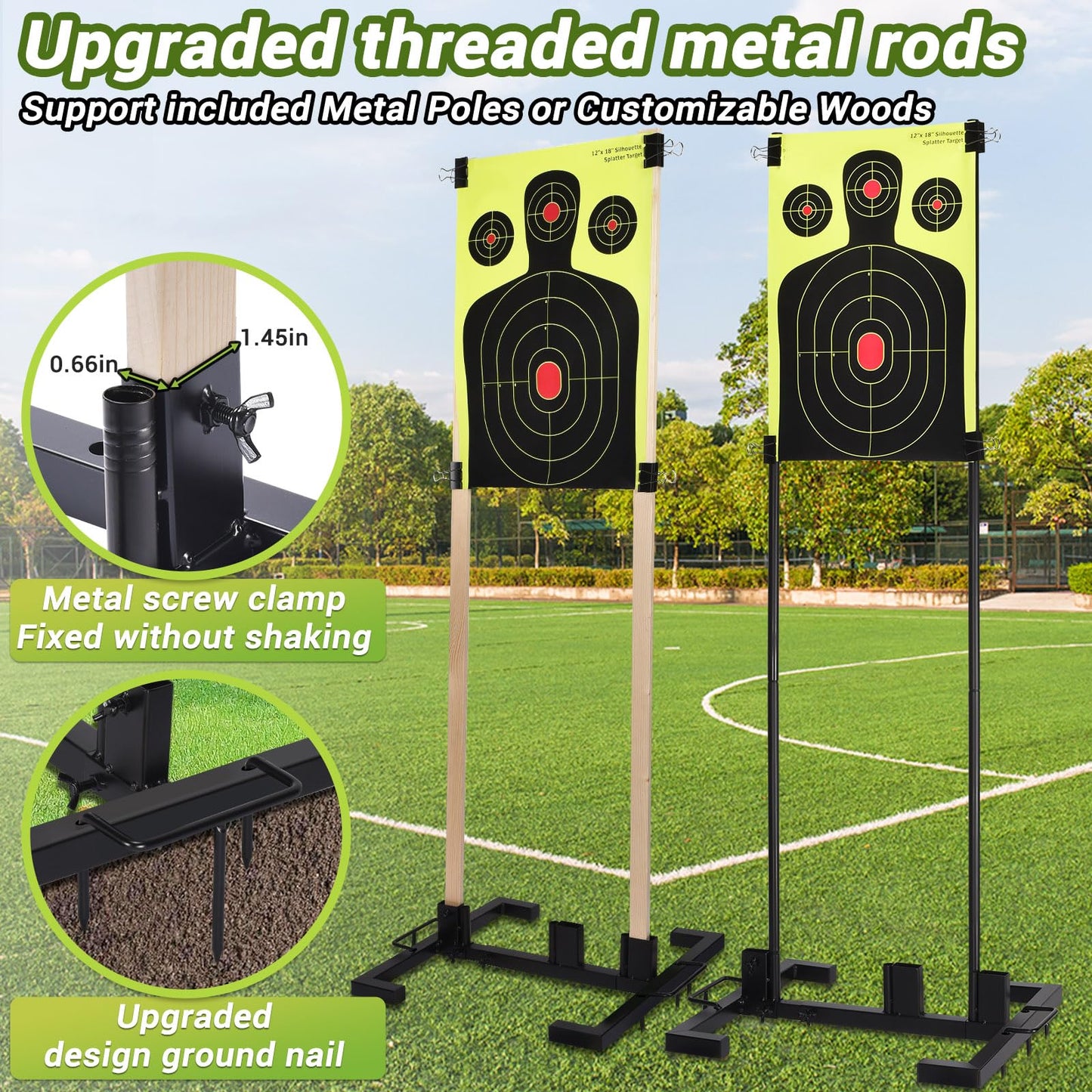 Adjustable Shooting Target Stand Set With 10 Paper Targets, Two Mounting Options for Outdoors, Stable Holder With Metal Poles and Ground Nails (Black)