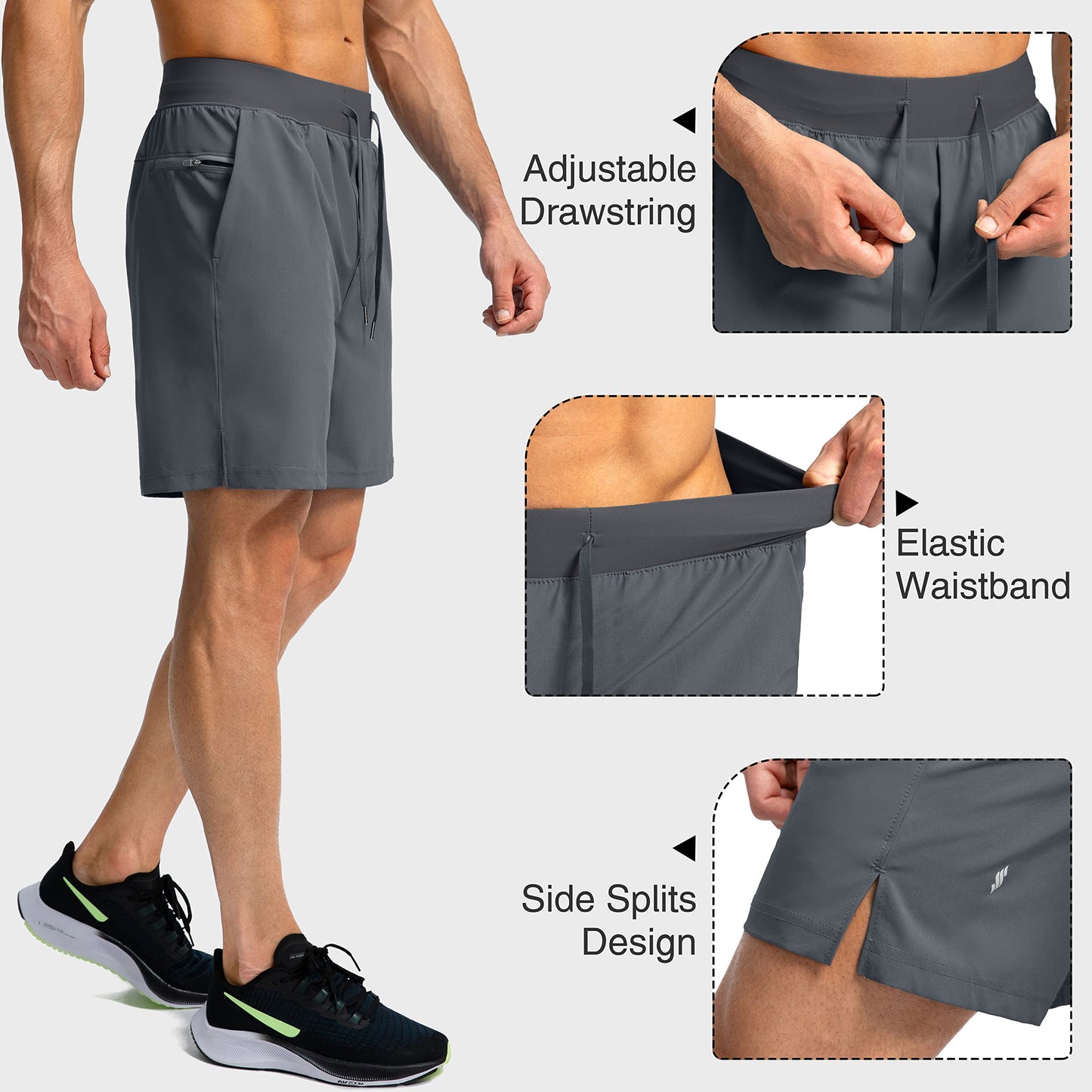 Soothfeel Men's Running Shorts with Zipper Pockets 7 Inch Lightweight Quick Dry Gym Athletic Workout Shorts for Men (Grey, XL)