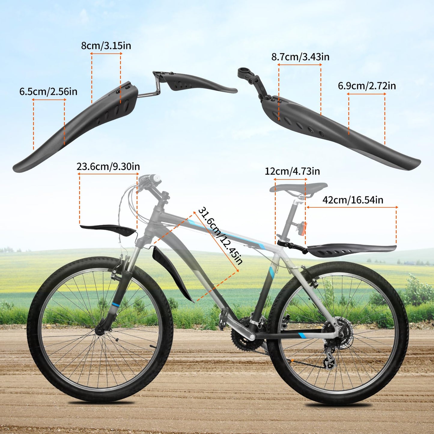 Amengsen Bike Fender Set with 26ft DIY Reflective Tape, Adjustable Bicycle Fenders for 24"/26"/27.5", 4 Parts-Universal Full Cover Thicken Widen, Front/Rear Mud Guards Fit for MTB Mountain Road Bike