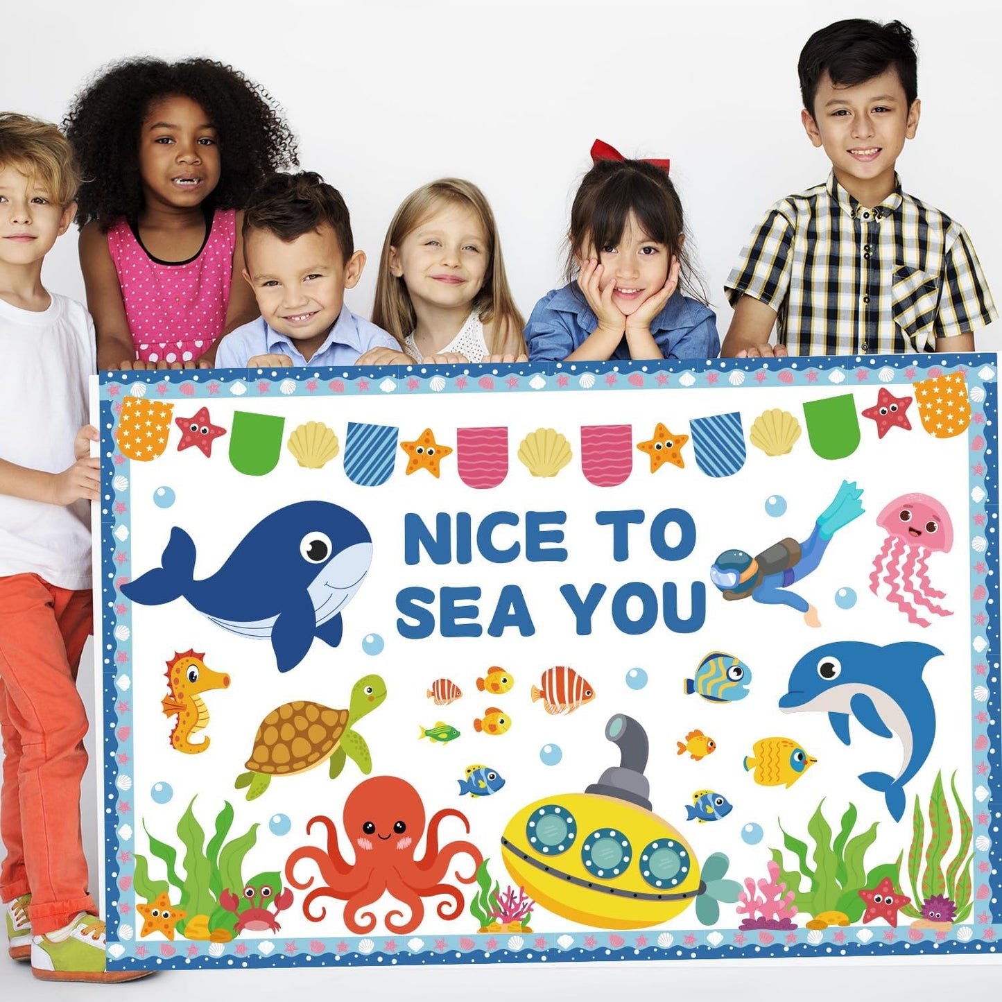 86Pcs Ocean Bulletin Board Classroom Decorations Set, Summer Beach Sea Animal Cutouts Under The Sea Borders Back to School Classroom Chalkboard Window Wall Door Decor for Home Office School