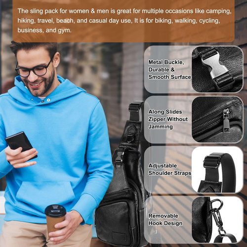 DTGN Genuine Leather Small Sling Bag - 6.69"x12.6" (LXH) Good for Men and Women Hiking Travel - Multipurpose Casual Small Packs Crossbody Chest Bag Backpack Black
