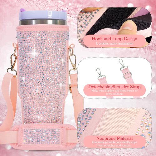 Bling Water Bottle Carrier Bag for Stanley 40oz Tumbler, Bling Rhinestone Water Cup Holder with Adjustable Strap for 40oz Stanley Cup Accessories Gifts (Pink Bling)