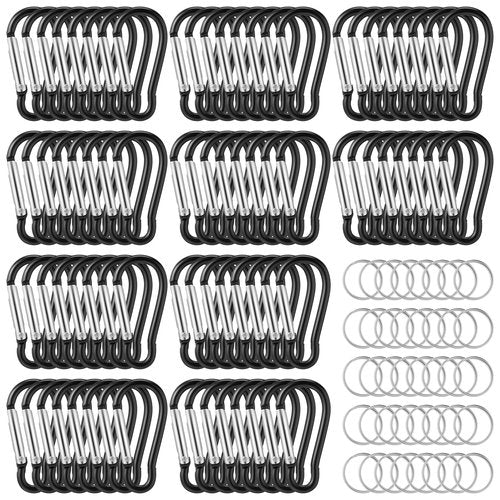 Yaocom 200 Pcs 1.8" Bulk 100 Aluminum Clip Keychains with 100 Keyrings Metal Mini Spring Snap Hooks for Camping Hiking Traveling Outdoor Activities (Black)