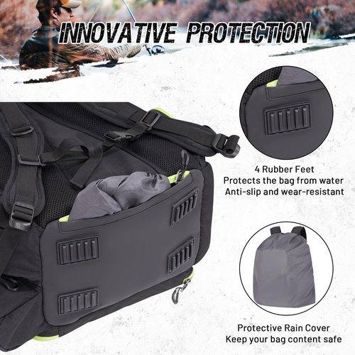 X Strike Fishing Tackle Backpack, 48L Large Fishing Bag with Rod Holder, 4 Tackle Box and Protective Rain Cover, for Fishing Camping Hiking Hunting, Black