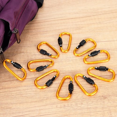 Dairzitv 10 Pack Carabiner Clip, 2.28 inch Aluminum D-Ring Shape Locking Carabiners, Snap Hook Sport Accessories for Outdoor Camping Hiking, Gold