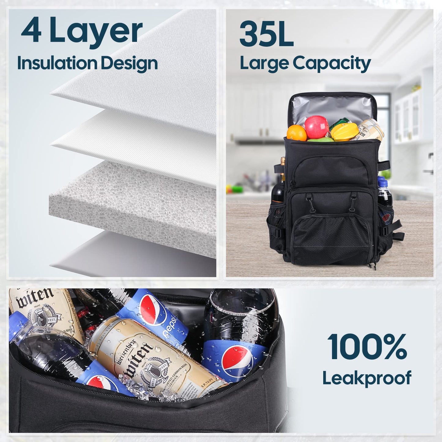 DEWUR Cooler Backpack 45 Can Large Capacity Insulated Backpack, Waterproof and Leak-Proof, Portable with Bottle Opener, Perfect for Picnics, Camping, Beach, Hiking,Shopping, 35L (Black 45Can)