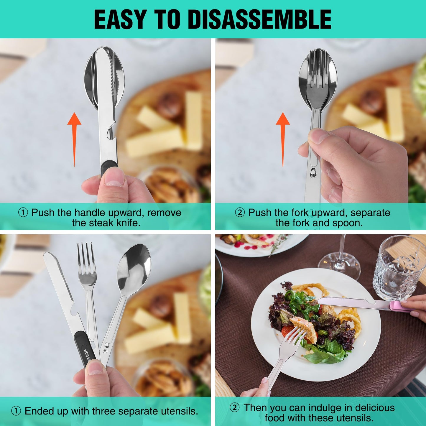 HAUSHOF 2-Pack 4-in-1 Camping Utensils, Stainless Steel Camping Eating Utensils with Carrying Bag, Detachable Spoon, Fork, Knife, Bottle Opener - Travel Utensil Set for Hiking, Picnic, Barbecue