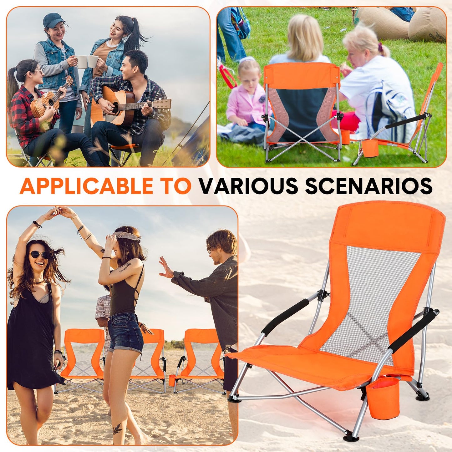 FillTouch 6 Packs Low Beach Chairs Portable Folding Beach Chairs for Adults with Cup Holder Carry Bag Low Back Camping Chair Lightweight Folding Lawn Chairs for Outdoor Sand Travel Concert (Orange)