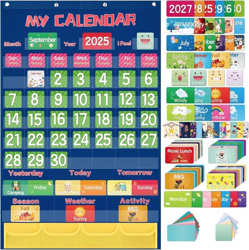 Classroom Monthly Calendar Pocket Chart with 144 Cards, Wall Calendar and Weather Chart for Kids Learning, Teacher Supplies for Kindergarten Preschool Elementary Homeschool