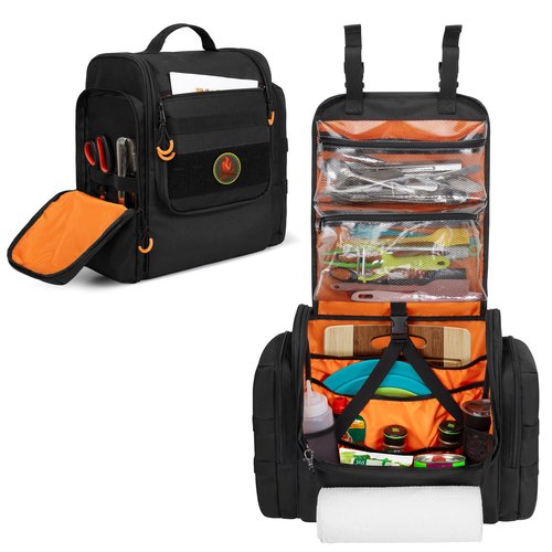 HODRANT Large Tactical Camping Kitchen Organizer, Hanging Cookware Storage Bag with Paper Towel Holder & Multi Pockets, Portable Camp Utensil Organizer for BBQ Cooking Essentials, Black, Bag Only