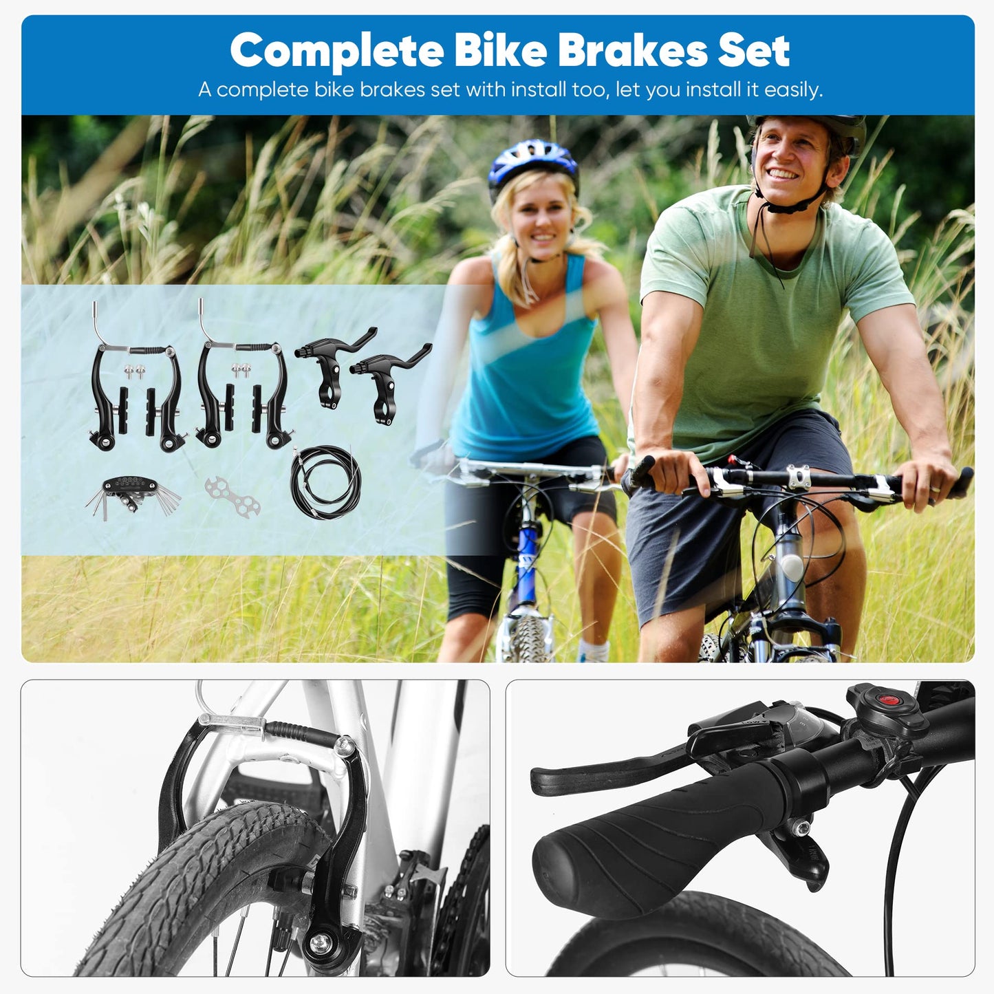 Hmseng V-Type Bike Brake Set, Complete Universal Bike Front and Rear MTB Brake, Bicycle Brakes, Inner and Outer Cables, Include Brakes Lever Calipers Multi-Tool Wrenches-Black