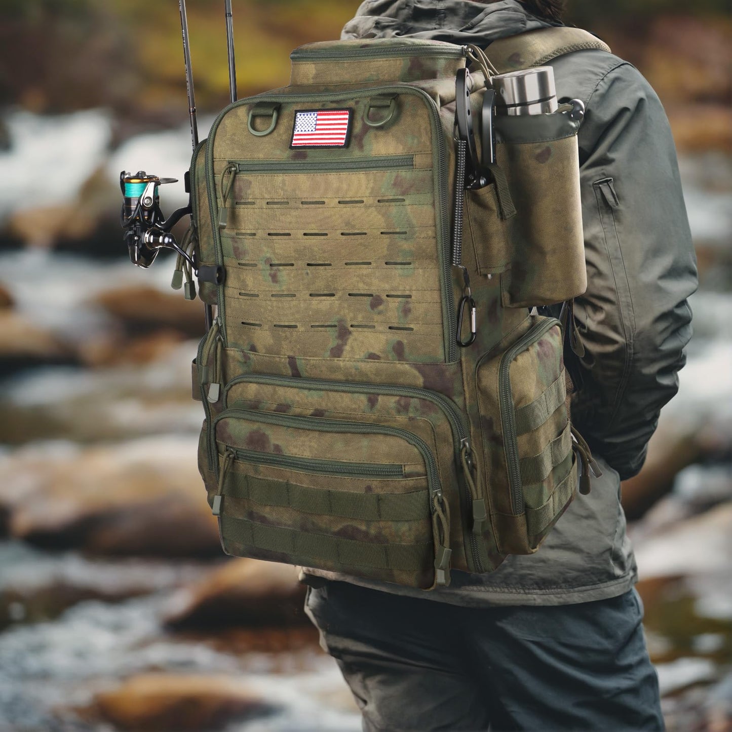 FunVZU Fishing Backpack, Fishing Tackle Backpack with Rod Holders for 4 Boxes (Box Not Included) 45L Waterproof Fishing Gear, Ideal for Men and Women Tackle Box Bag (Forest Green Camo)