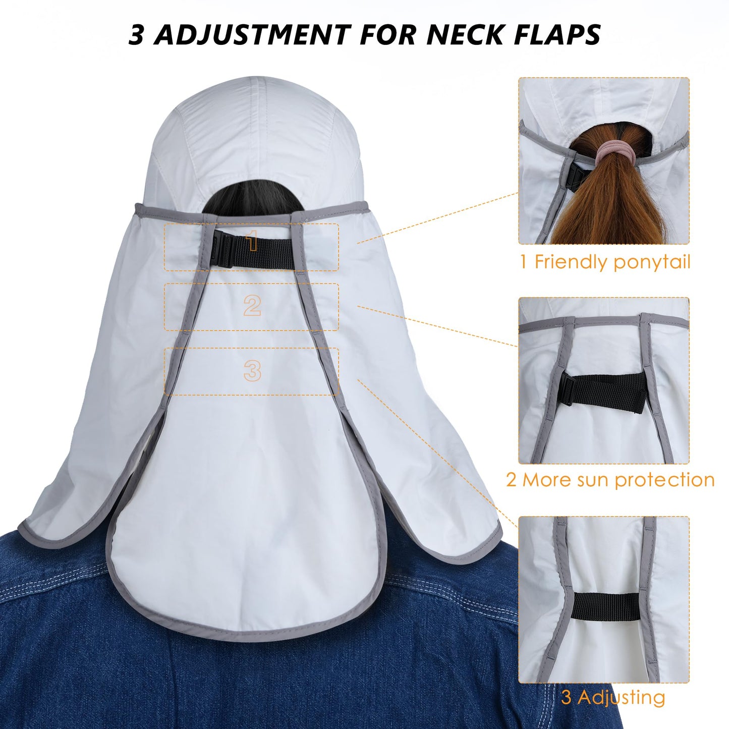 GADIEMKENSD Foldable Fishing Sun Hat with Neck Flap Face Cover Sun Protection Cool Baseball Cap Adjustment Covering Removable Legion Hat for Fishing Gardening Hiking Golf White