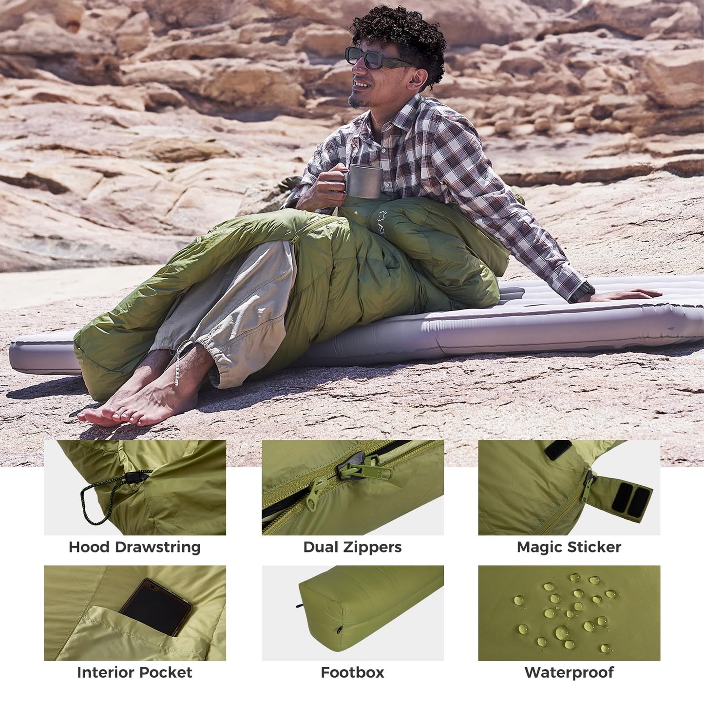 ATEPA Elements 450 Down Sleeping Bag for Adults, 700FP Recycled Mummy Cold Weather Ultralight 3 Season Compact Packable Sleeping Bag with 15D Nylon Shell for Backpacking Camping Hiking, 42.8℉ Green