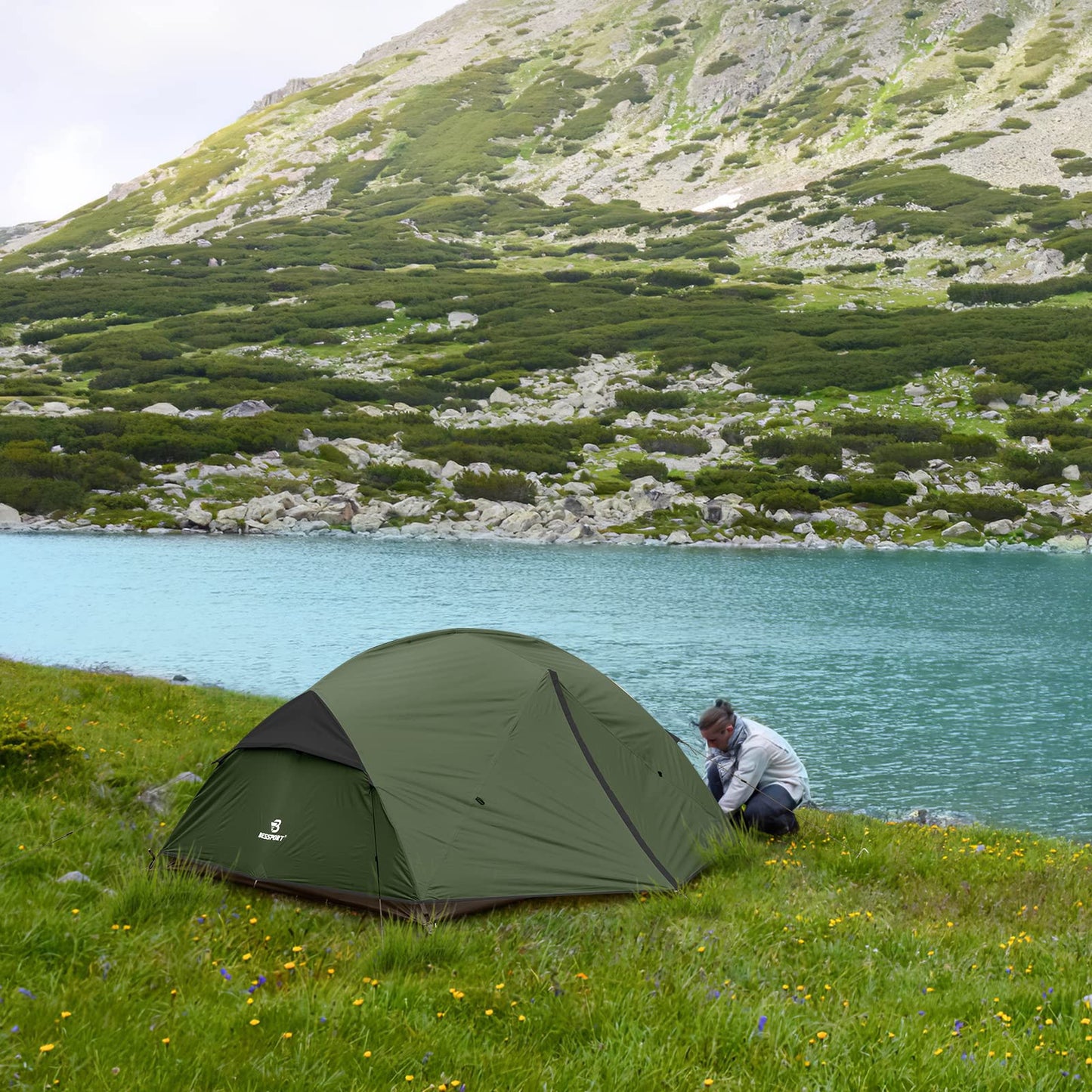 Bessport Camping Tent for 3 Person, Lightweight Backpacking Tent Waterproof Windproof Two Doors Easy Setup Double Layer Outdoor Tents for 3 to 4 Seasons, Suitable for Outdoor,Hiking,Camping