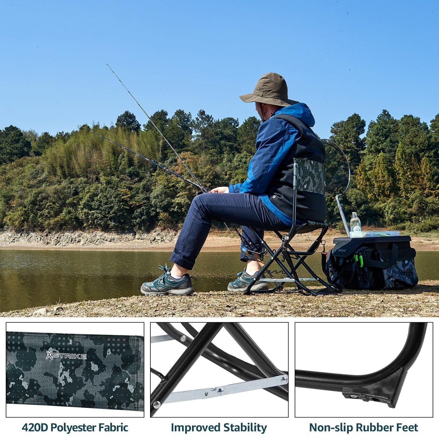 X Strike Fishing Chairs with Rod Holder Outdoor Folding Fishing Stool for Adults Portable Camping Chair for Ice Fishing, Camp, Lawn, Patio, Garden, 300LBS.