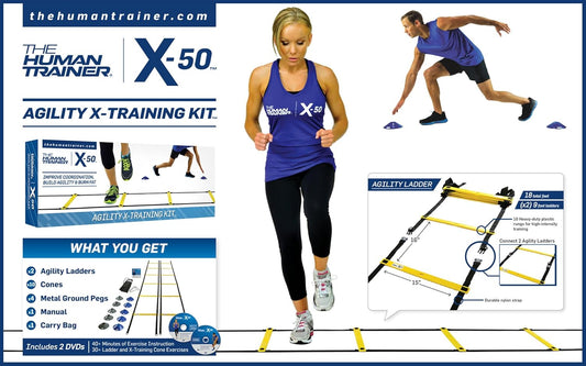 Agility Training Kit - Human Trainer X-50 with 2 Agility Ladders, 10 Cones & DVDs