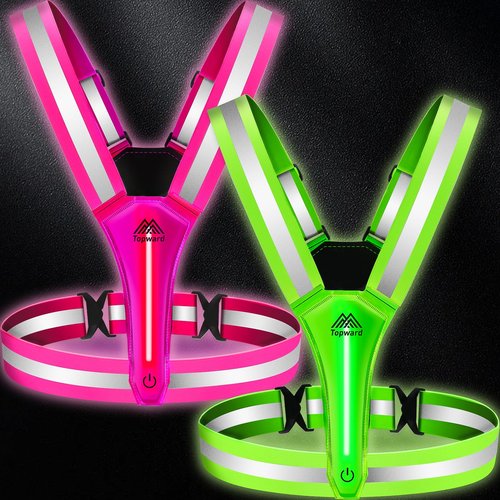 Topward LED Reflective Vest Safety Gear 2 Pack, Light Up Vest for Night Walking Cycling, High Visibility Running Vest with Reflective Strips