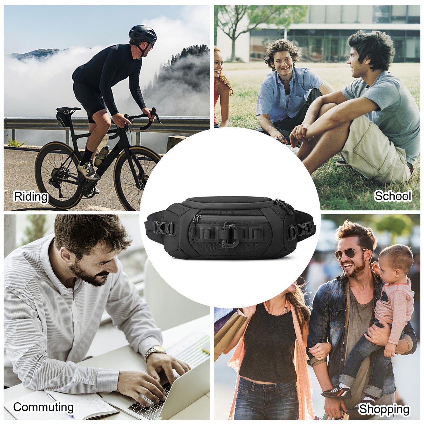 FANDARE Waist Fanny Pack Casual Sling Bag Sport Bumbags for Women Men Chest Crossbody Bags Cover Pack for Hiking Cycling Travelling Outdoor Gym Business Nylon Shoulder Pouch Black