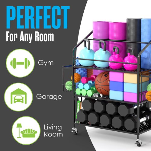 Workout Equipment Storage, Exercise Equipment Storage, Home Gym Organizer, Weight Rack for Home Gym, Kettlebell Rack, Free Weight Dumbbell Holder Cart, Yoga Organization Shelf, Rolling, Metal, 3 Tier