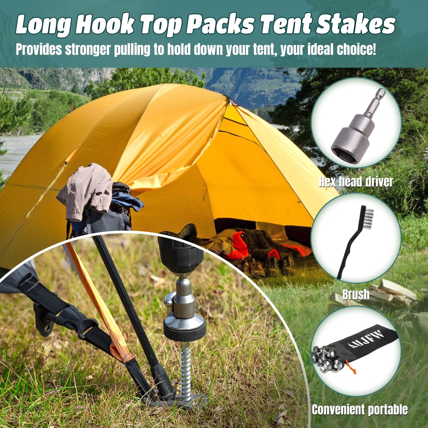 4 Pcs 10" Drillable Tent Stakes, Long Hook Top Packs Tent Stakes, Heavy Duty Hardened Steel Ground Pegs for Grassland Garden Tents Canopies Awnings Camping Travel (Hex Tool and Storage Bag)