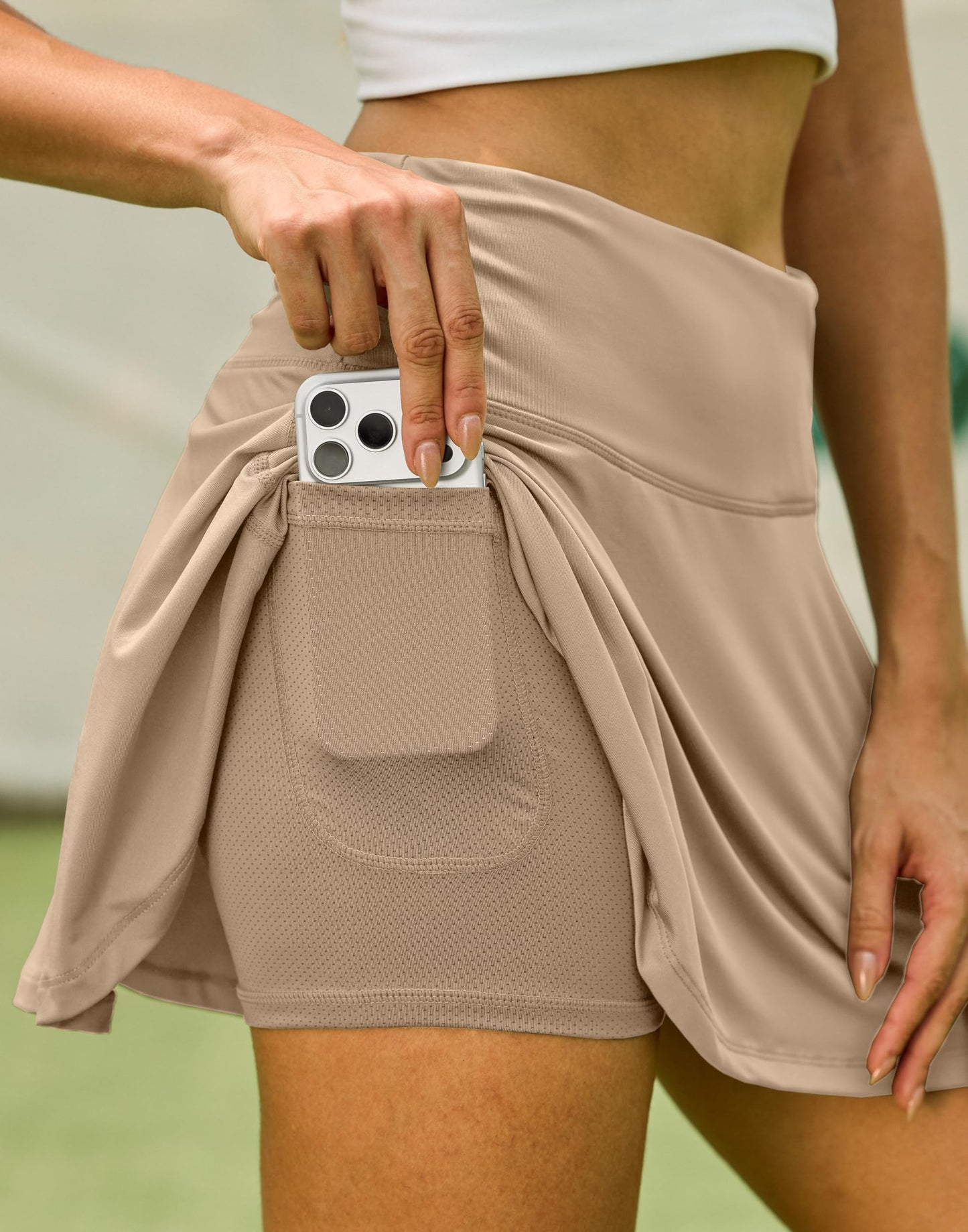 SANTINY Pleated Tennis Skirt for Women with 4 Pockets Women's High Waisted Athletic Golf Skorts Skirts for Running Casual (Khaki_L)