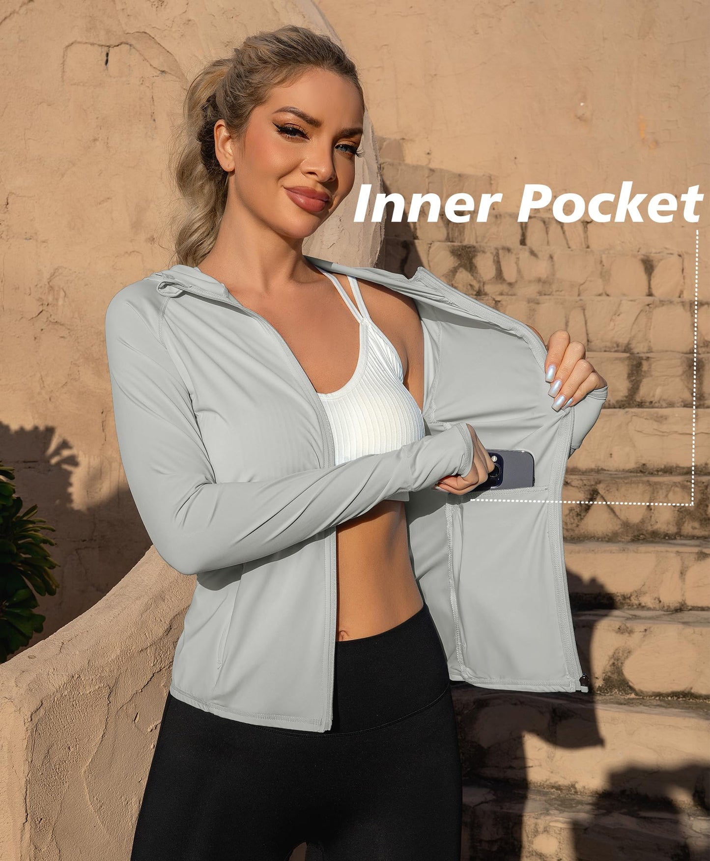 We1Fit Women's Athletic Hoodie Sun Protection Jacket Long Sleeve Sun Shirts Grey