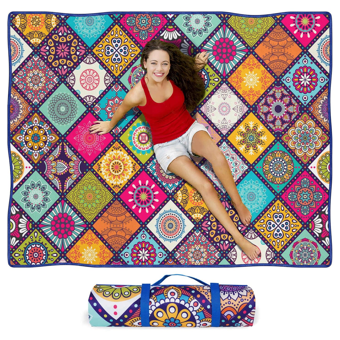 Fefede Waterproof Picnic Blankets Foldable & Portable 60''x80'' Boho Picnic Mat for Outdoors, Large Washable Picnic Blanket for Travel Camping Beach, Park Grass Picnic Blanket Accessories for Adults