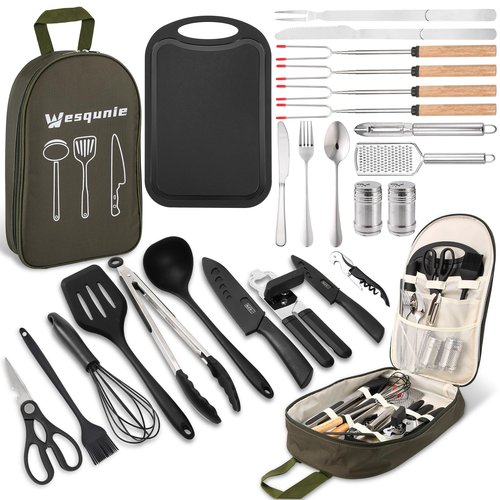 Wesqunie Camping Cookware Cooking Utensils Set - 25Pcs Camp Kitchen Essentials Kit, Portable Outdoor Camper Gear Accessories, Overland Equipment for RV Picnic Grill